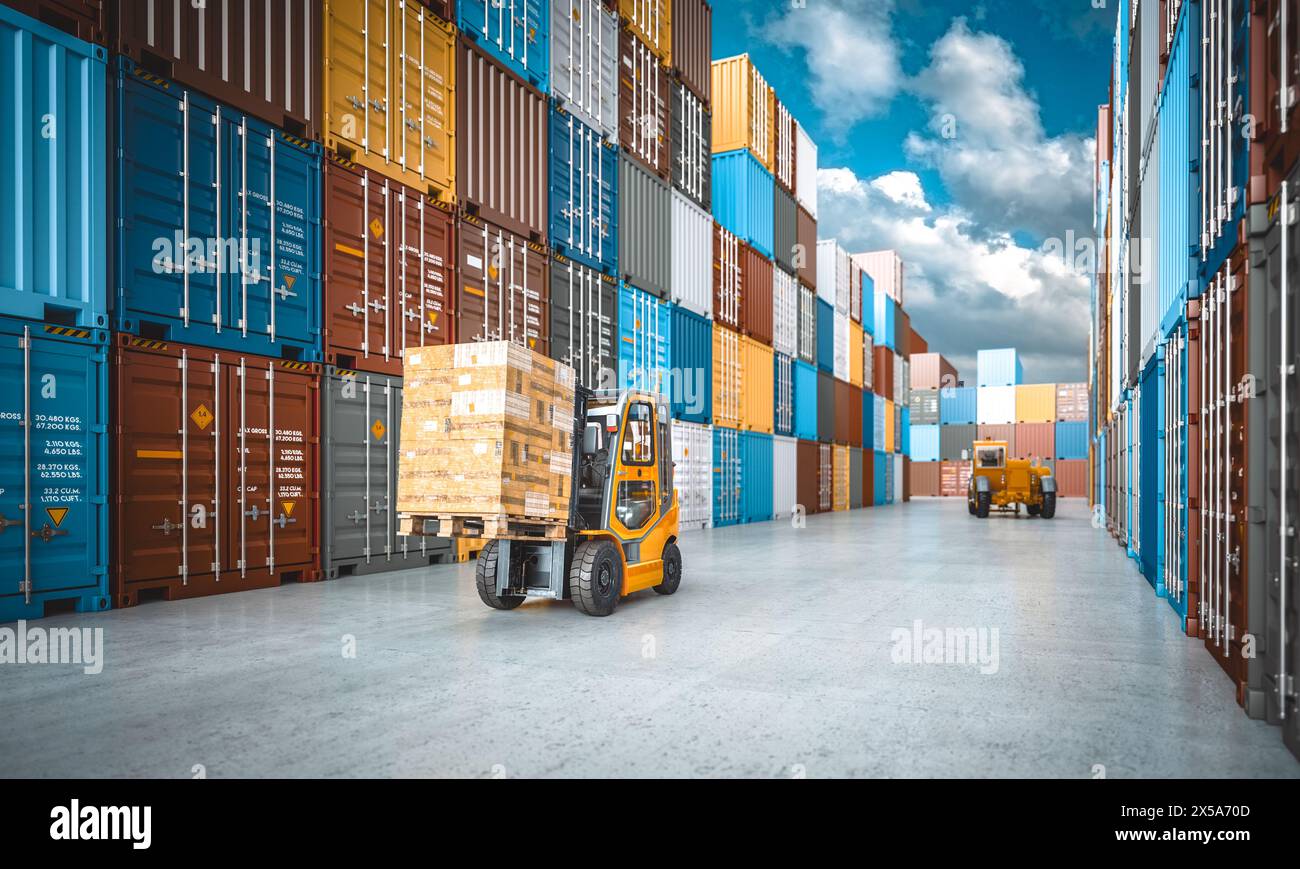 Industriestapler, der Frachtpaletten zwischen farbenfrohen Versandcontainern transportiert. 3D-Rendering Stockfoto