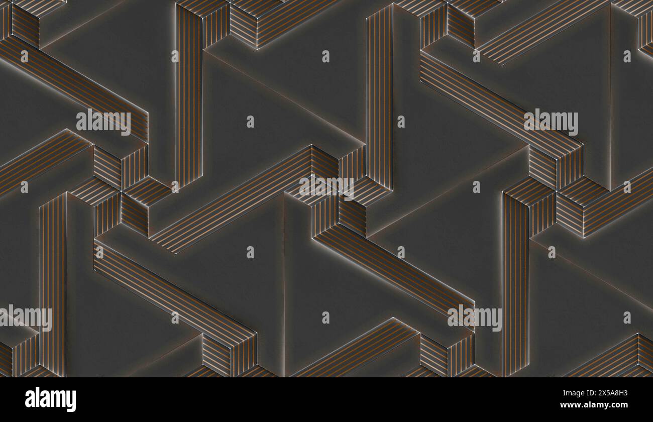 Eine fesselnde schwarze 3D-Illustration mit einem geometrischen Modulsegmentkonzept mit einem Labyrinth aus ineinandergreifenden Formen mit Metallic- und Goldtönen Stockfoto