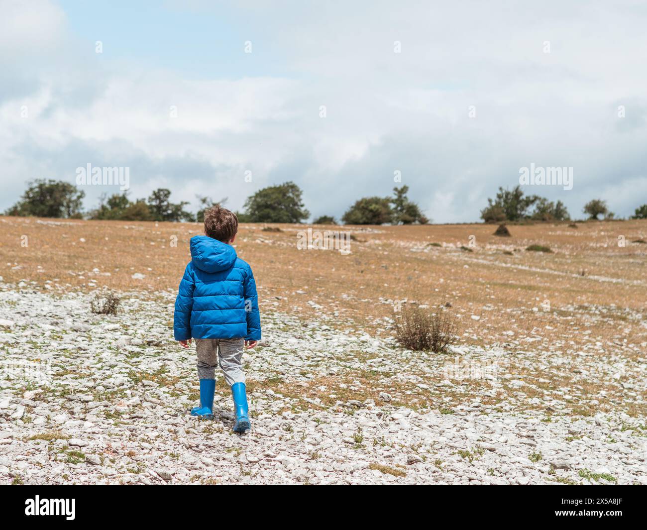 Rückansicht eines nicht erkennbaren Jungen in einer blauen Jacke und Stiefeln steht auf einem verschneiten Feld, blickt in die Ferne und genießt einen Wintertag mit seinem Stockfoto