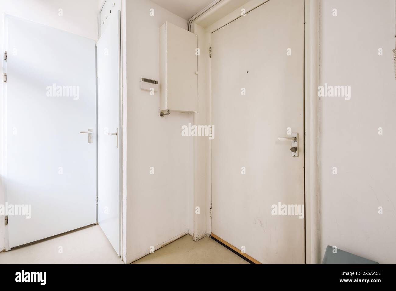 Ein Bild von einfachen weißen Innentüren in einem minimalistischen Raum mit neutralen Wänden und einer einfachen Innenarchitektur. Stockfoto
