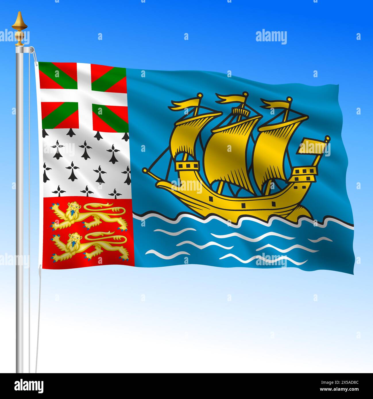 Saint Pierre und Miquelon wehende Flagge, französisches Überseegebiet, amerika, Frankreich, Vektorillustration Stock Vektor