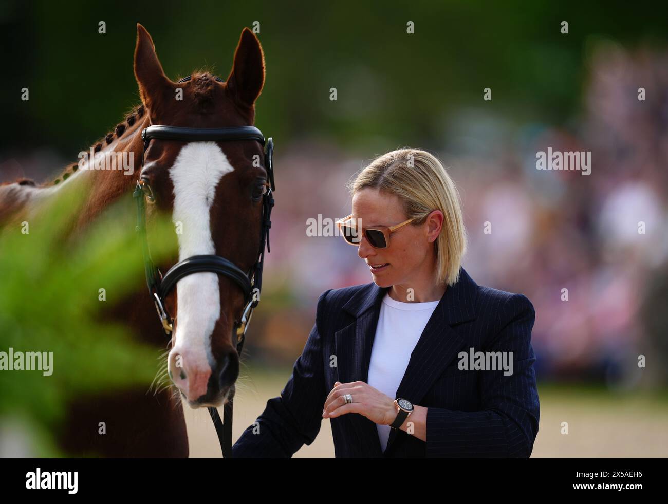 Class Affair und Zara Tindall bei der ersten Pferdeinspektion am ersten Tag der Badminton Horse Trials 2024 auf dem Badminton Estate, Gloucestershire. Bilddatum: Mittwoch, 8. Mai 2024. Stockfoto