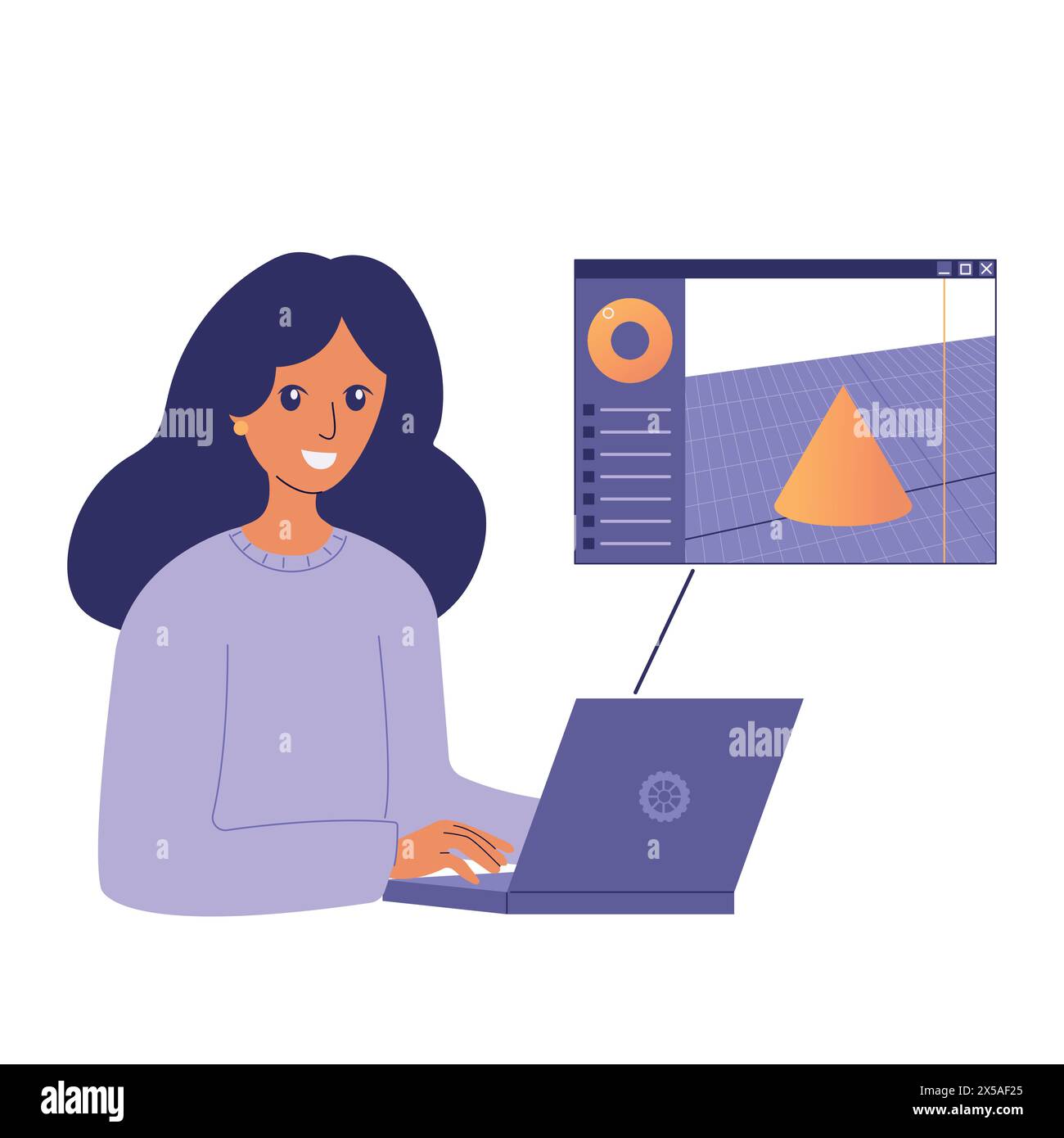 3D-Konstrukteur bei der Arbeit. Mädchen machen, Objekt entwerfen mit Software am Computer, Arbeitsprozess. Kreatives Mädchen, das digitale Kunst schafft. Flachvektorillustr Stock Vektor