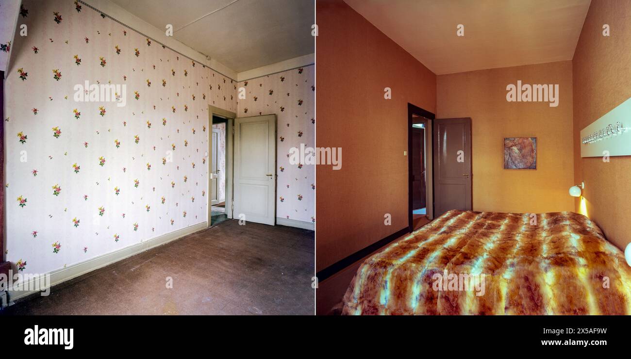 Apartment-Schlafzimmer aus den 1970er Jahren vor und nach der Renovierung Stockfoto