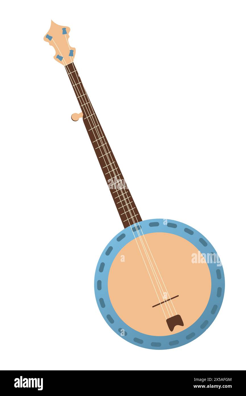 Banjo, Akustik-Banjo aus Holz mit Griffbrett. Afroamerikanisches Musikinstrument. Cowboy-Ästhetisches Konzept. Wilder Westen, Landhausstil. Flacher Vect Stock Vektor