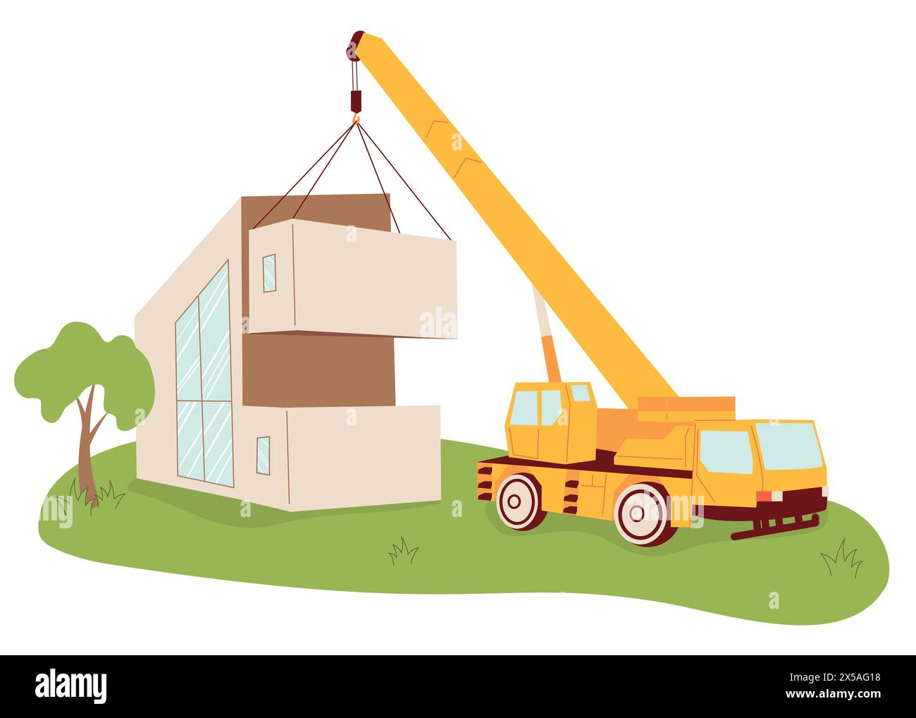 Moderne Baustellenszene. Der Prozess des Bauens eines modernen und umweltfreundlichen Hauses läuft. Neues modulares Gehäusekonzept mit Stock Vektor