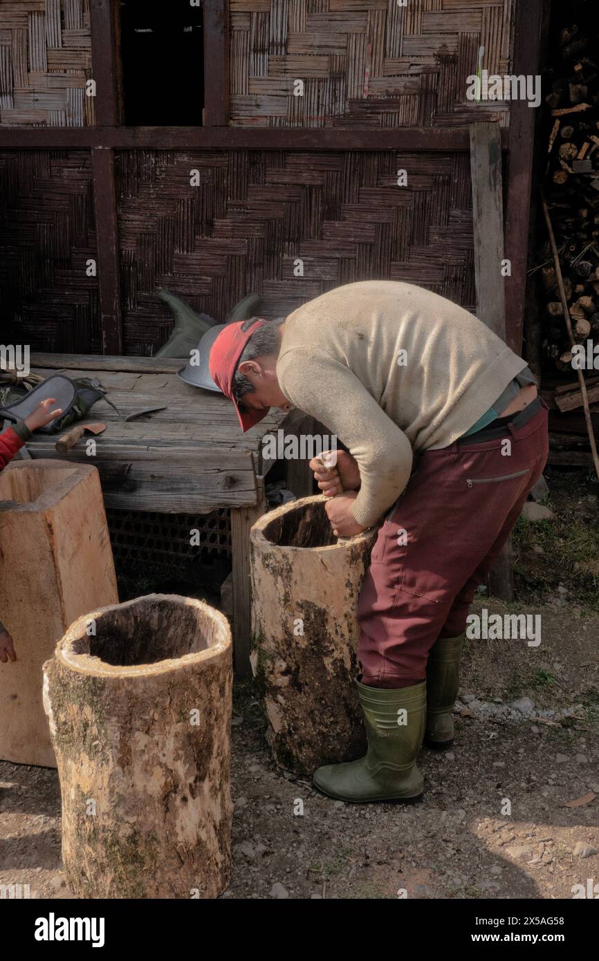 Einen Stamm aushöhlen, um Bienen zu halten, Ghunsa, Nepal Stockfoto