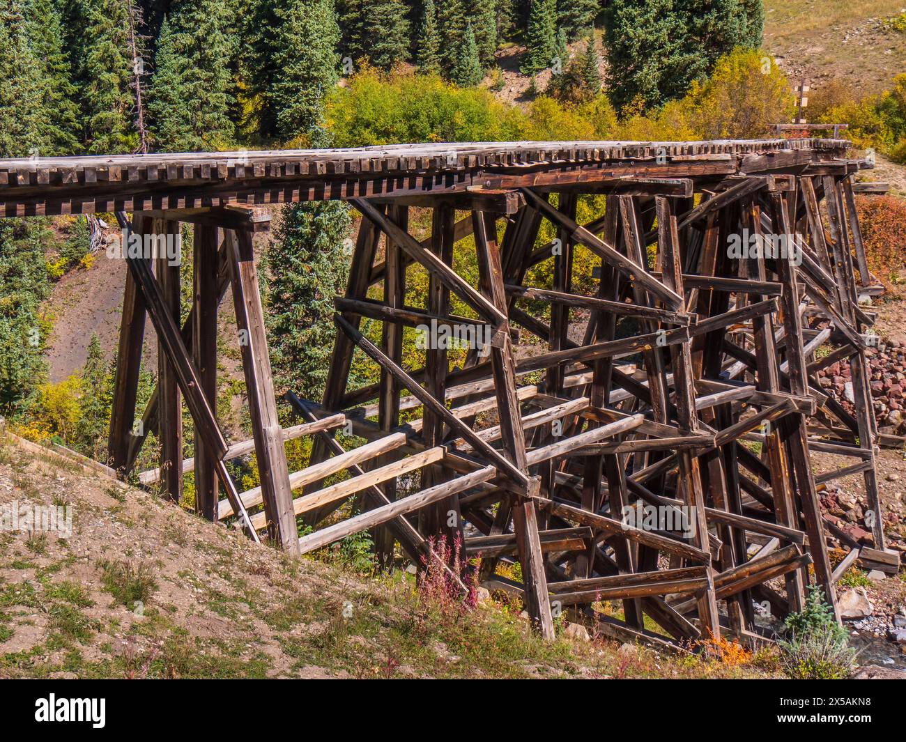 Fout Lake Trestle, Rio Grande Southern Railroad, Colorado. Stockfoto