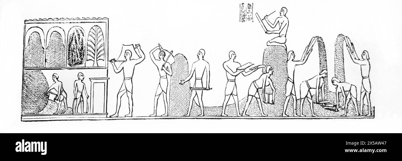 Holzgravur von Ägyptern, die Mais in der antiken, illustrierten Familienbibel aus dem 19. Jahrhundert verbrennen Stockfoto