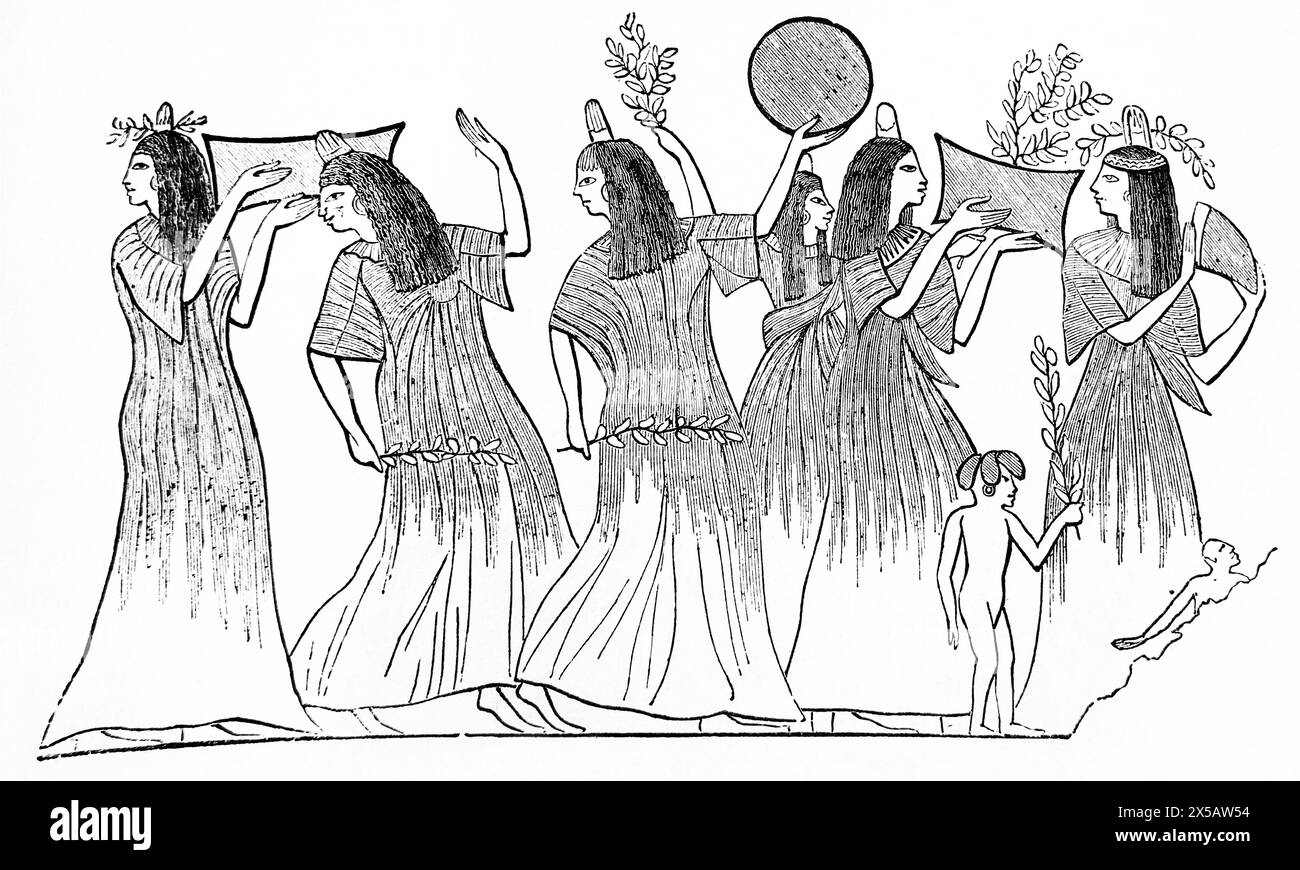 Holzgravierung ägyptischer Tambourinspieler von Rosellini in der illustrierten Familienbibel des 19. Jahrhunderts Stockfoto