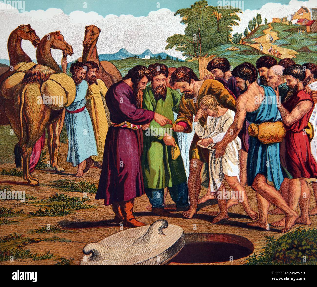 Abbildung Joseph wird von seinen Brüdern an die Ismeeliten verkauft (Genesis) Altes Testament aus dem 19. Jahrhundert illustrierte Familienbibel Stockfoto