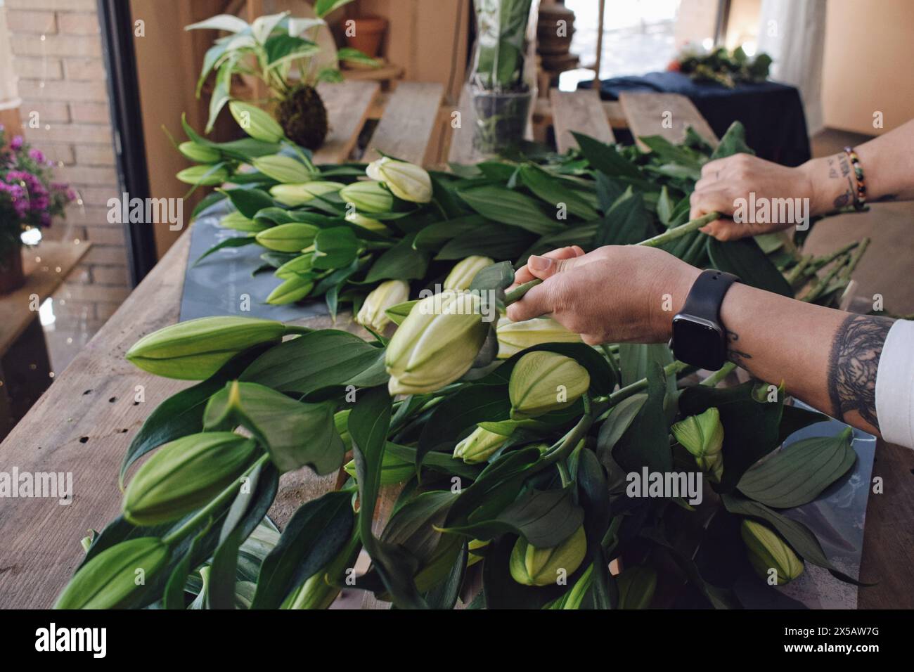 Manuelles Schneiden mit Blumen in einem Blumenhändler, Barcelona, ​​April 16, 2024 Stockfoto