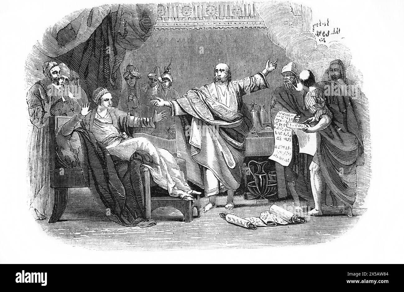 Illustration von Daniel, der die Handschrift an der Mauer während des Festes von Belshazzar von Benjamin West aus der illustrierten Familienbibel interpretiert Stockfoto