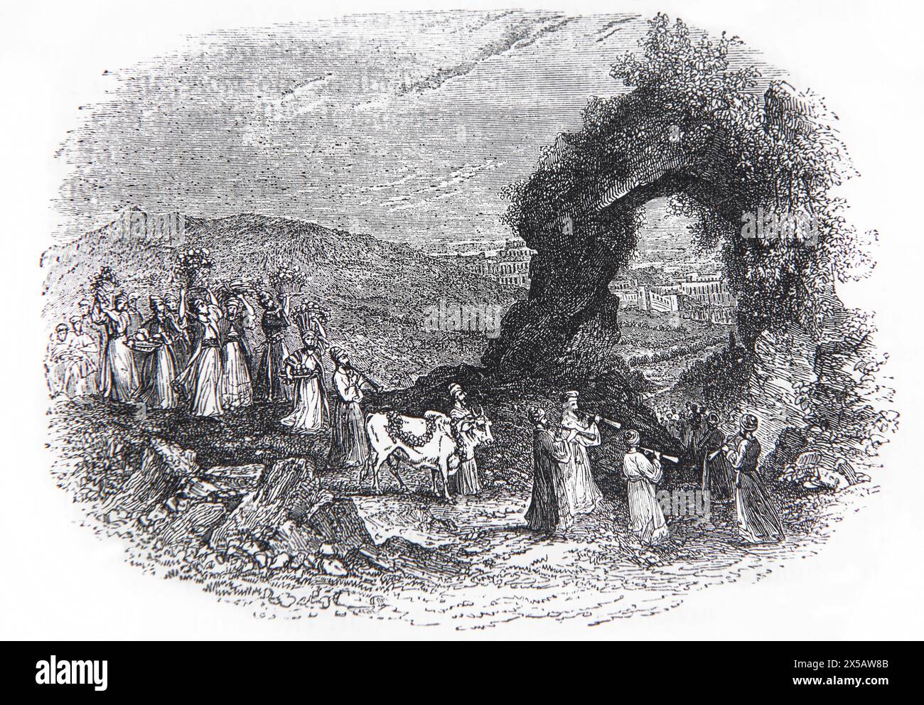 Holzgravur bringt die ersten Früchte nach Jerusalem (Ezekiel) Prozession der Avowal Pilger, die nach Jerusalem marschieren, geführt von Stier- und Flötenspielern W Stockfoto