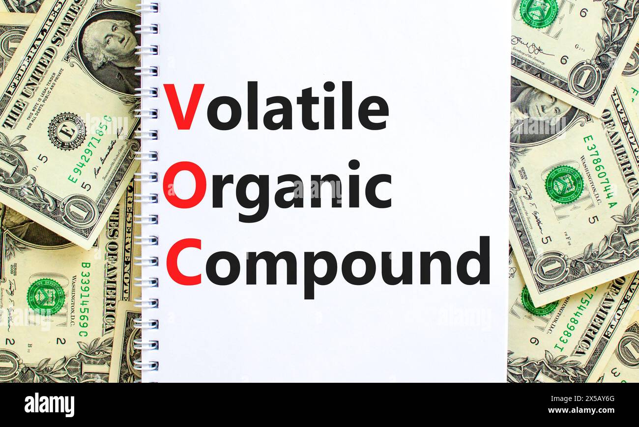 VOC-Symbol für flüchtige organische Verbindungen. Konzeptworte VOC flüchtige organische Verbindung auf schöner weißer Note. Wunderschöner Hintergrund für Dollarscheine. Unternehmen Stockfoto