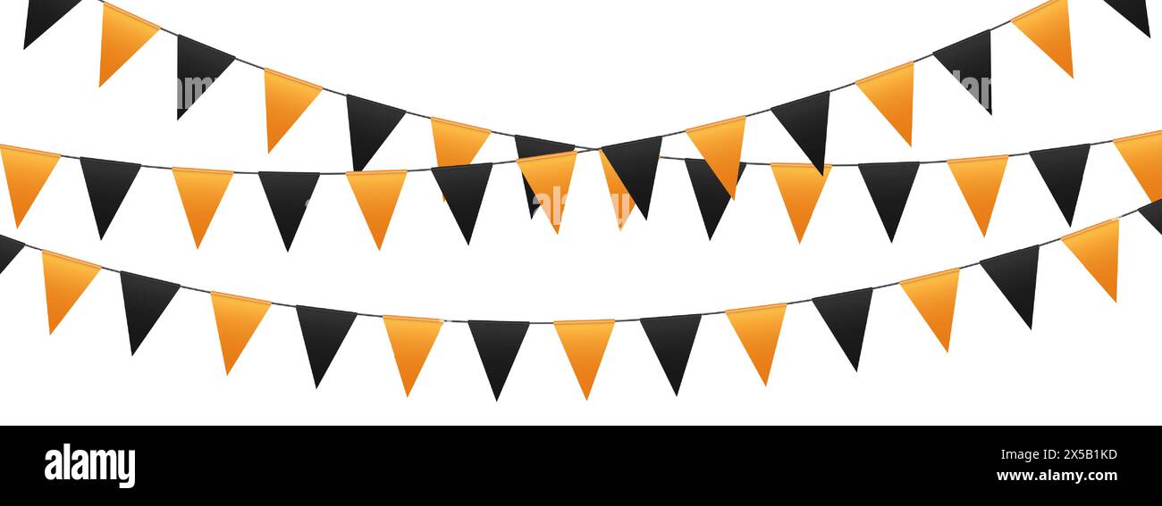 Halloween-Partyflaggen, Flaggengirlande, orange und schwarze Wimpel hängen an einem Seil. Stock Vektor