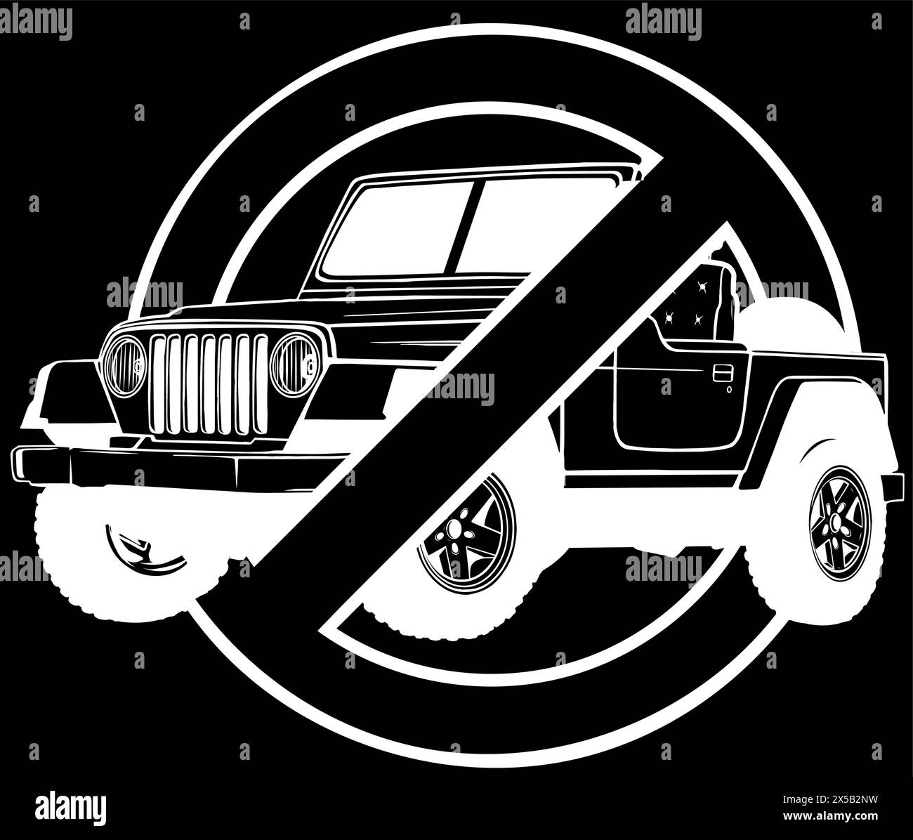 Weiße Silhouette des verbotenen Autos auf schwarzem Hintergrund Vektorillustration Logo Stock Vektor