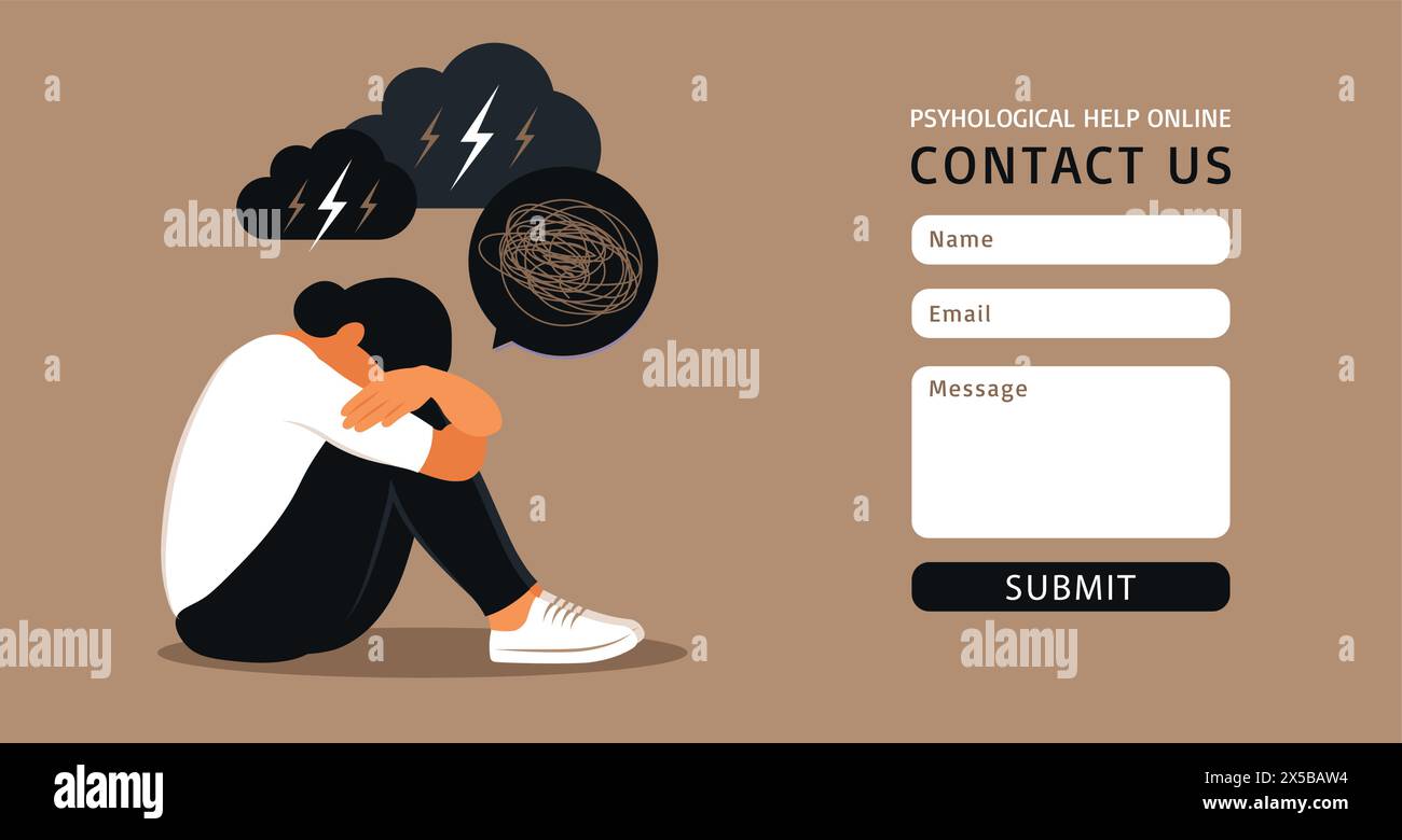Kontaktieren Sie uns Formularvorlage für Web. Depression, psychische Gesundheit, Stress und Emotion Konzept für Website-Design oder Landing Web-Seite. Stock Vektor