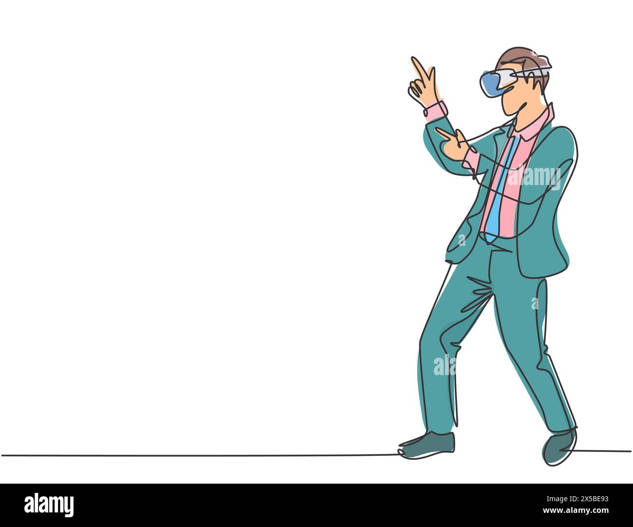 Eine einzige Zeile Zeichnung von jungen glücklichen Geschäftsmann vorgibt, wie ein Cowboy beim Spielen Virtual Reality-Spiel. Smart-Technologie futuristische Spiel concep Stock Vektor