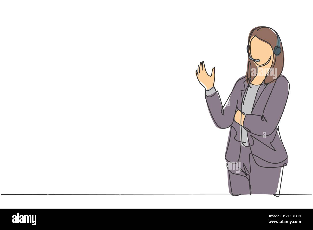 Einzelne kontinuierliche Strichzeichnung der jungen glücklichen weiblichen Motivatorin posiert ordentlich vor der Kamera nach der Präsentation im Büro. Öffentlicher Trainer concep Stock Vektor