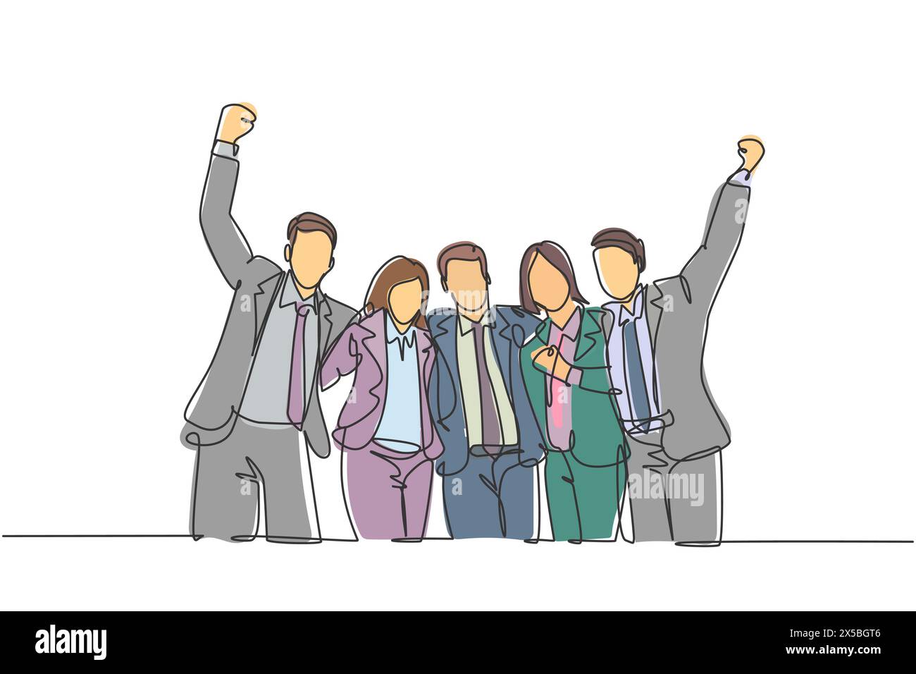 Eine einzige kontinuierliche Linie Zeichnung von jungen glücklichen männlichen und weiblichen Managern feiern ihre Jobförderung zusammen. Business Teamwork Celebration Konzept Stock Vektor