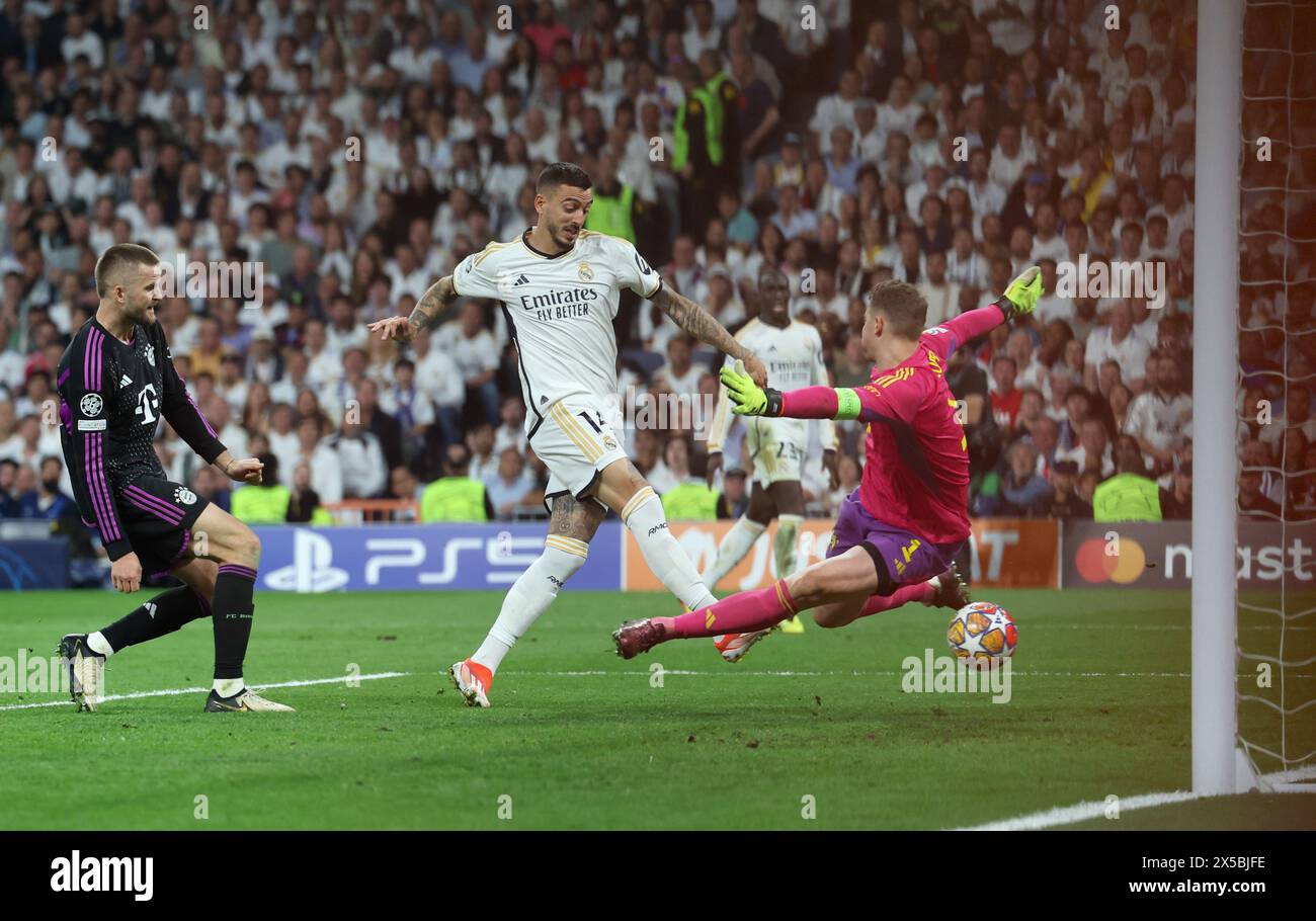 Joselu von Real Madrid feiert sein erstes Tor im Halbfinale der UEFA Champions League, dem zweiten Legspiel im Santiago Bernabeu, Madrid. Bilddatum: Mittwoch, 8. Mai 2024. Stockfoto