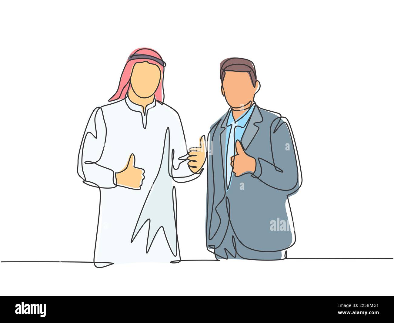 Eine einzige Linie Zeichnung von jungen glücklichen muslimischen Geschäftsmann tun Zusammenarbeit mit ausländischen Unternehmen. Saudi-Arabien Tuch shmag, kandora, Kopftuch, Khobe. Stock Vektor