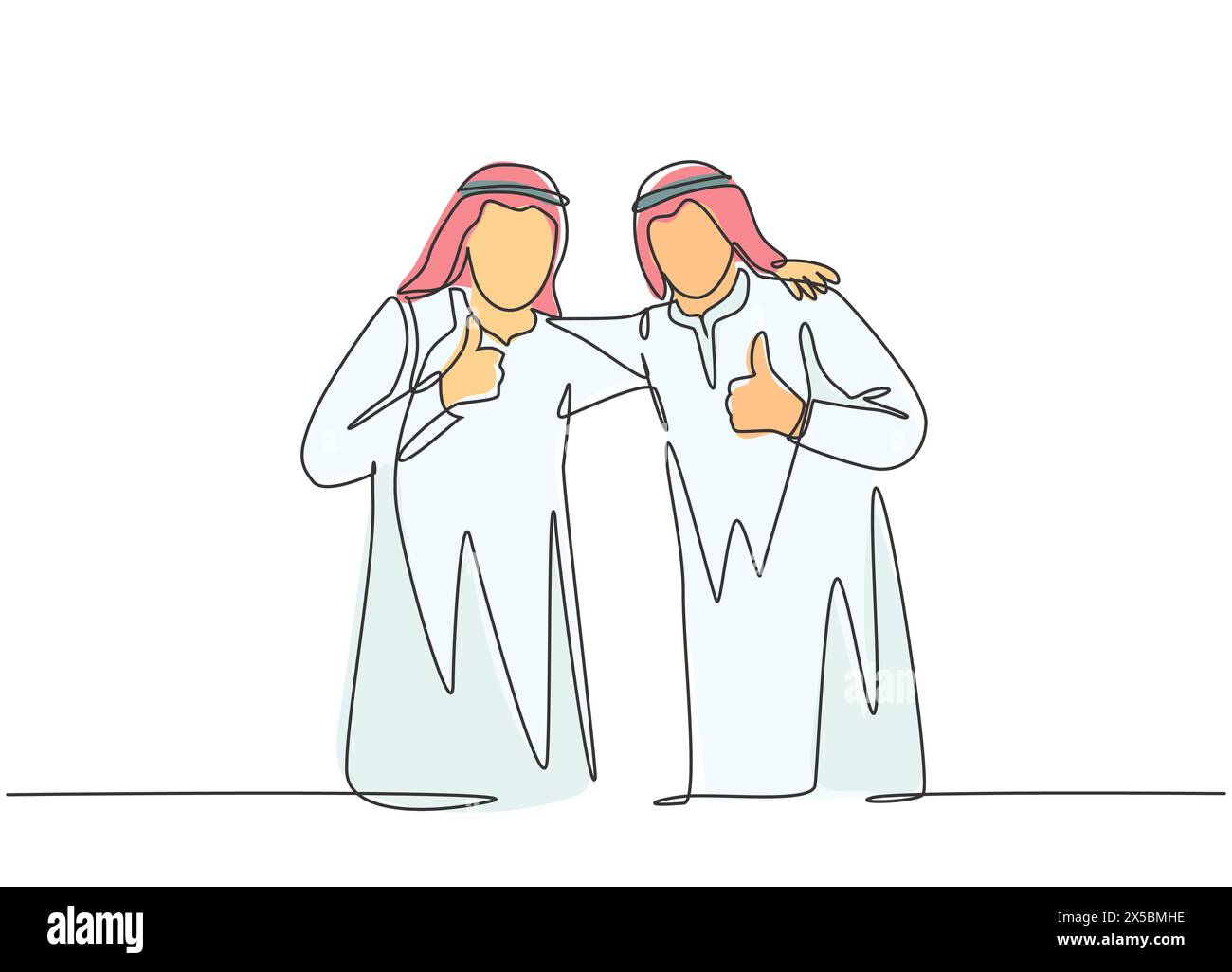 Eine einzige Zeichnung von jungen glücklichen muslimischen Geschäftsmann Daumen nach oben Geste mit Kollegen. Saudi-Arabien Tuch shmag, kandora, Kopftuch, Khobe Stock Vektor