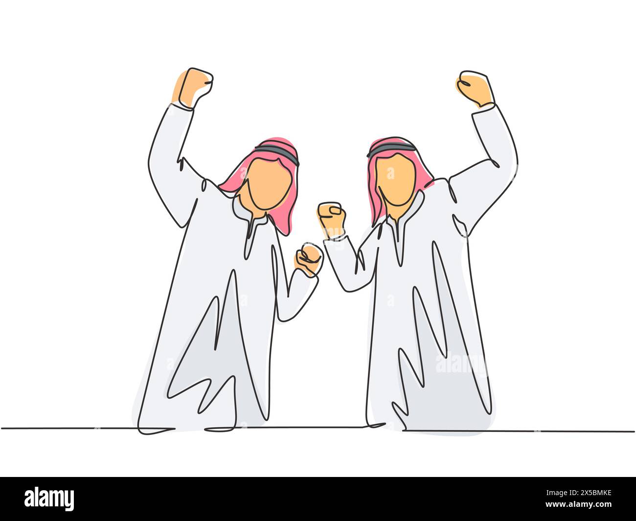 Eine einzige Zeilenzeichnung junger, glücklicher muslimischer Mitarbeiter feiert ihre berufliche Beförderung. Saudi-Arabier mit Shmag; Kandora; Kopftuch; Thobe; Gghutra. Co Stock Vektor