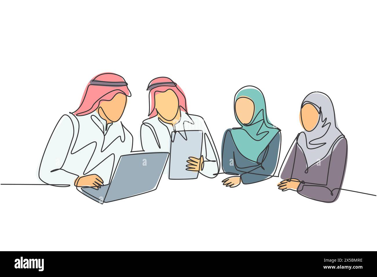 Eine einzige Linie Zeichnung von jungen glücklichen muslimischen Geschäftsmann diskutieren Deal Projekt zusammen. Saudi-Arabien Tuch shmag, kandora, Kopftuch, Thobe, Hijab Stock Vektor