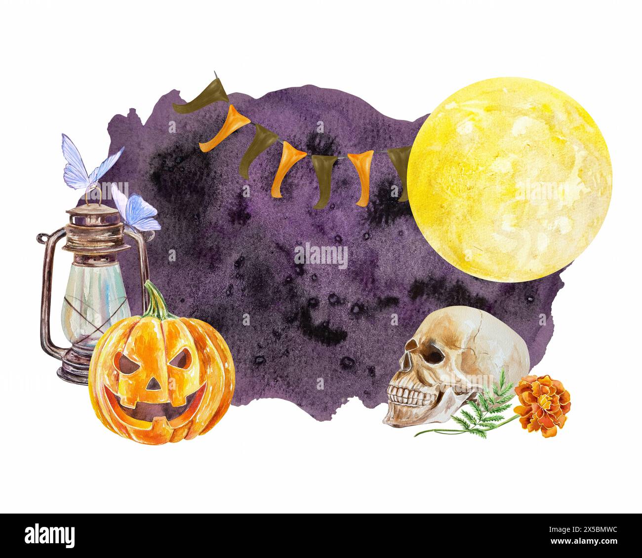 Halloween Kürbis, menschlicher Schädel, Lampe, Motten, Mond, Fahnen, Blume. Vorlage für Text. Aquarellabbildung. Für den Tag der Toten Karten, Einladungen. Stockfoto