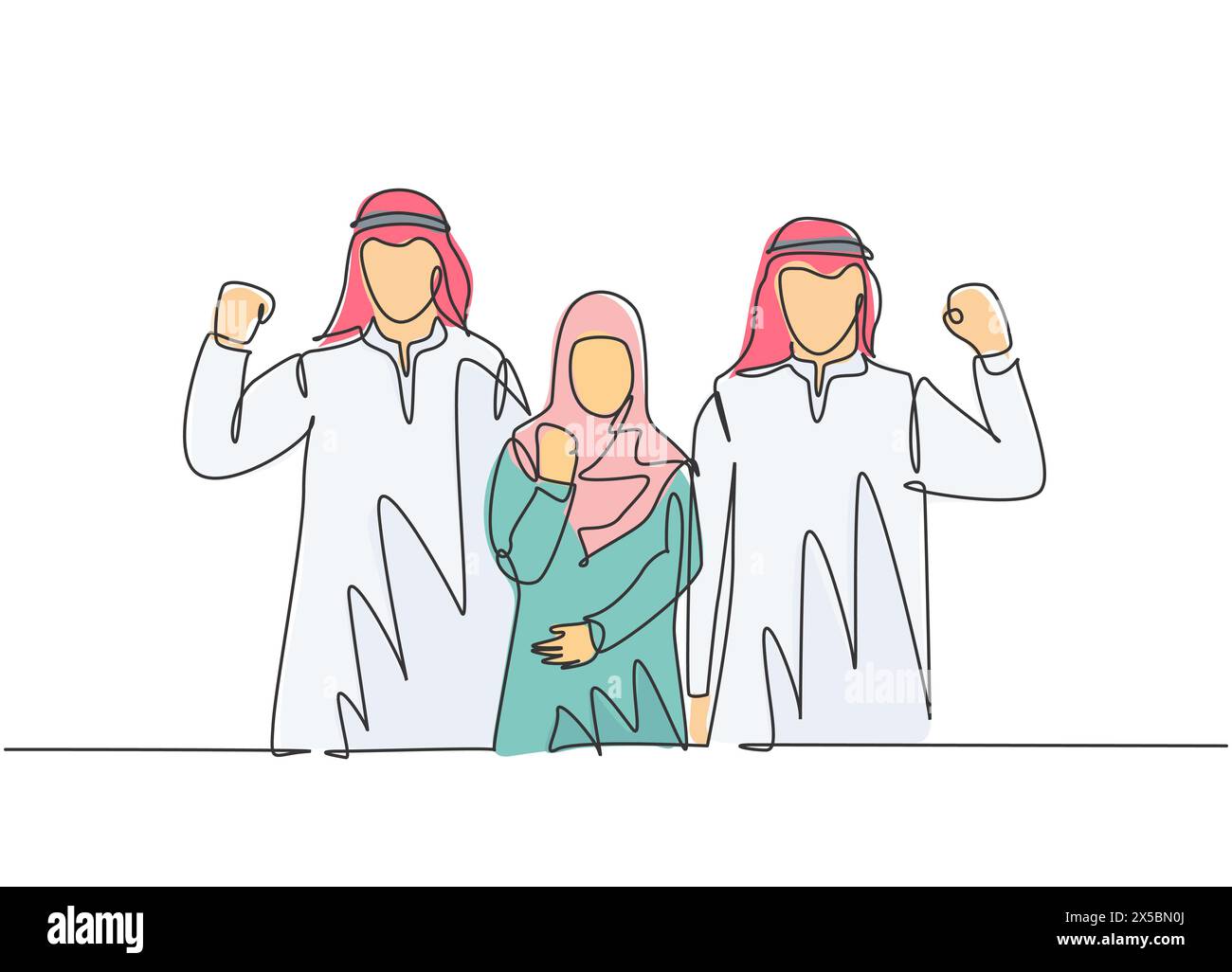 Eine einzige Zeichnung von jungen glücklichen männlichen und weiblichen muslimischen Angestellten, die die Hände heben, um die Arbeitsförderung zu feiern. Saudi-Arabien Tuch Kopftuch, Hijab. Stock Vektor