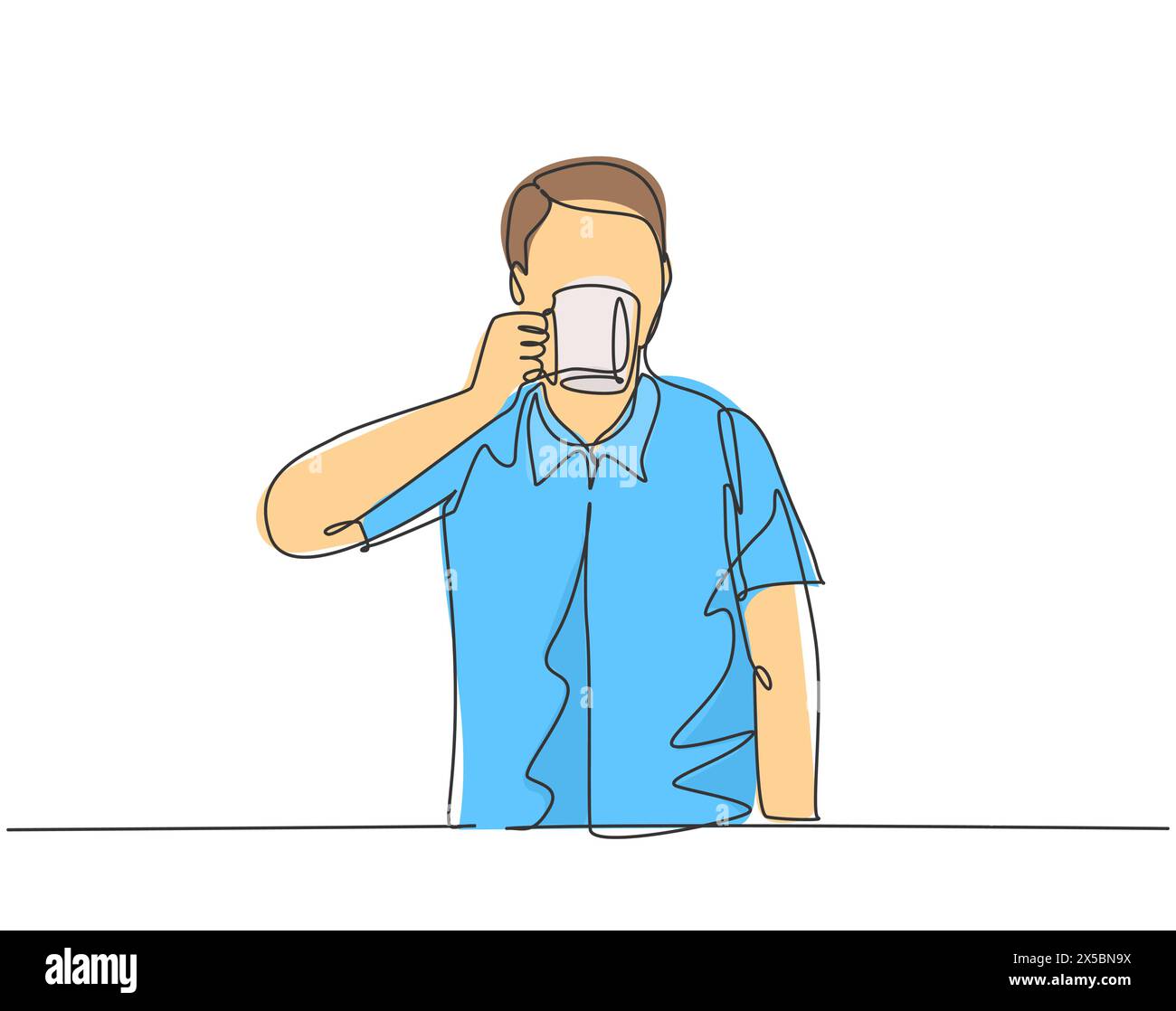 Eine kontinuierliche Einzellinie Zeichnung von jungen glücklichen Mitarbeiter genießen Sie trinken eine Tasse großen Geschmack heißen frischen Espresso Kaffee. Kaffee oder Tee trinken Stock Vektor