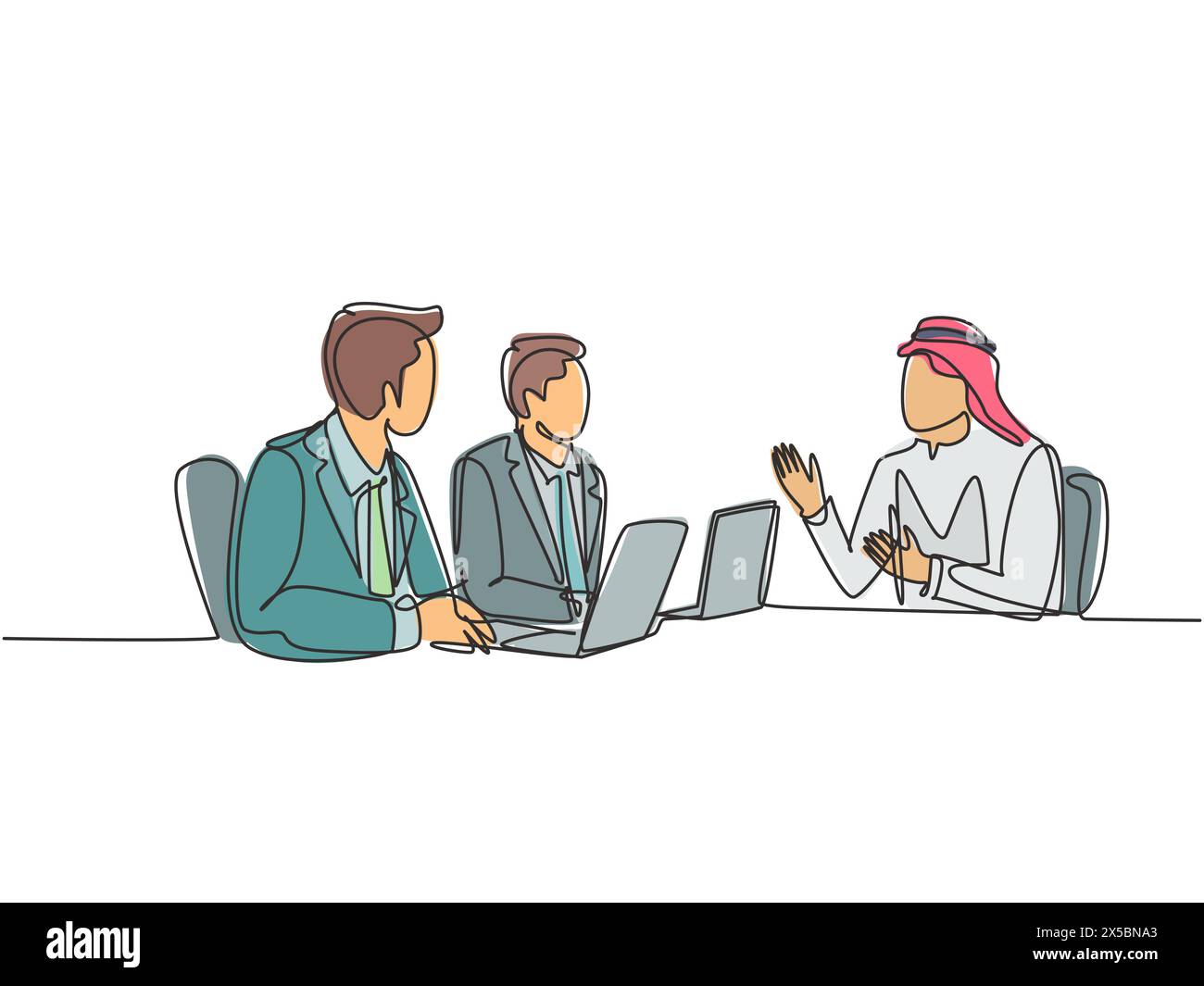 Eine einzige Linie Zeichnung von jungen muslimischen Geschäftsmann tun Business-Präsentation für Investor. Saudi-Arabien Tuch shmag, kandora, Kopftuch, Thobe, Hijab. Stock Vektor