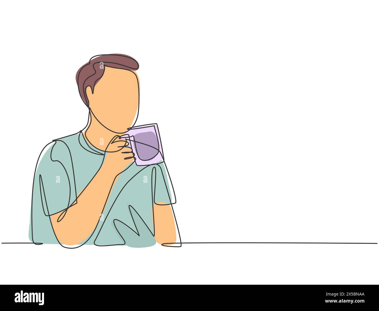 Eine einzige Linie Zeichnung von jungen glücklich casual Mann genießen eine Tasse großen Geschmack heiße Schokolade Getränk in der Pause. Trinken Kaffee oder Tee Konzept continuou Stock Vektor