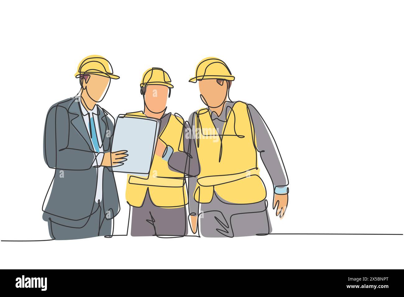 Eine fortlaufende Linienzeichnung junger Manager, die Bauherren kurze kurze kurze Erläuterungen über das Baukonzept geben. Gebäude Architektur Busine Stock Vektor