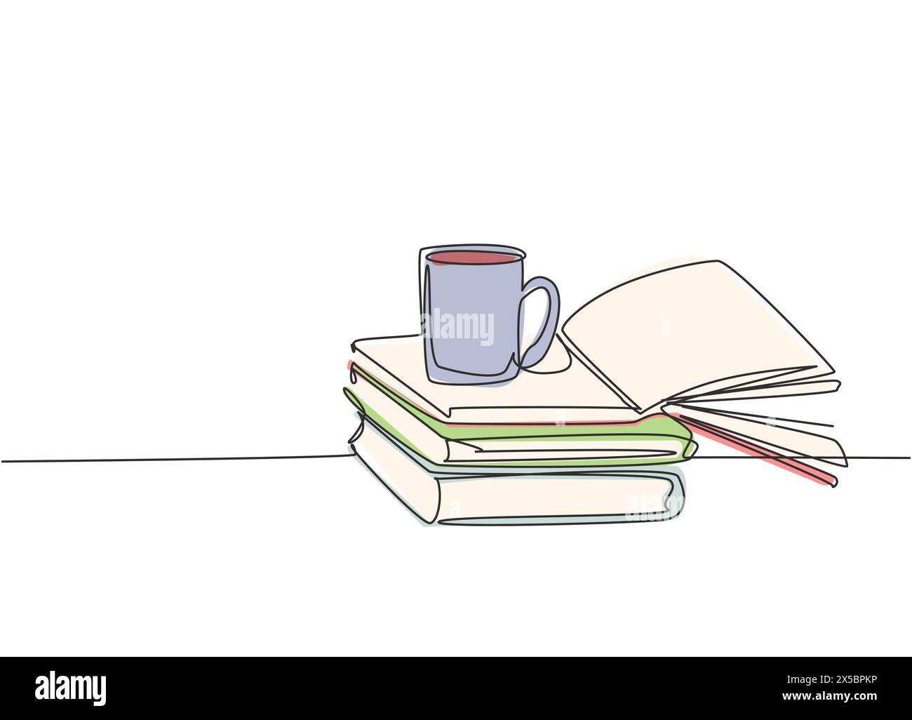 Eine durchgehende Strichzeichnung des Bücherstapels mit einer Tasse Kaffee oben auf dem Bibliotheksschreibtisch. Geschäfts- und Bildungskonzept. Eine Linie zeichnen Grafik des Stock Vektor