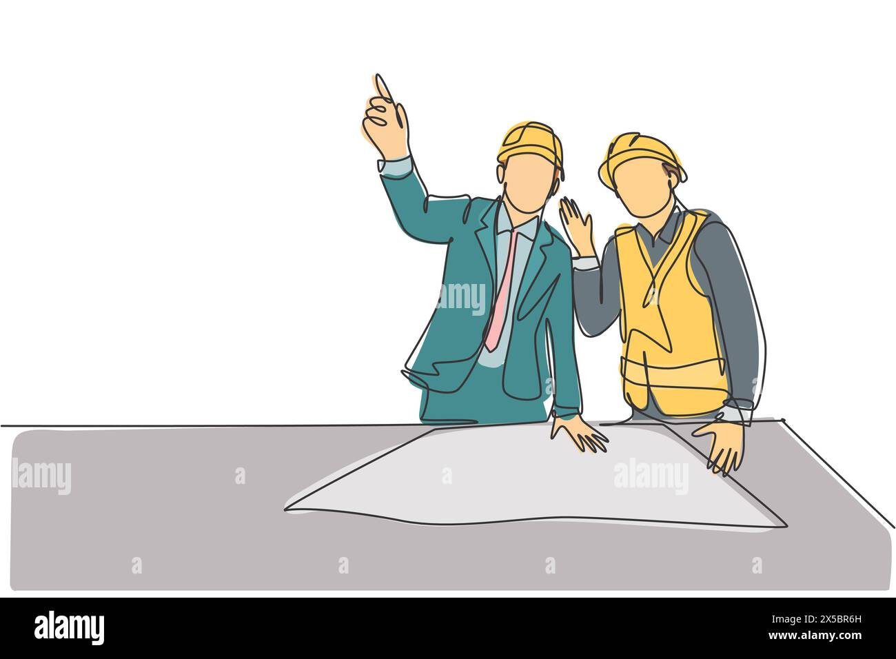 Einzelne kontinuierliche Linienzeichnung des jungen Bauleiters, der Baustellenkoordinator bei der Baustellenbesprechung unterrichtet. Gebäude Architektur Geschäft Stock Vektor