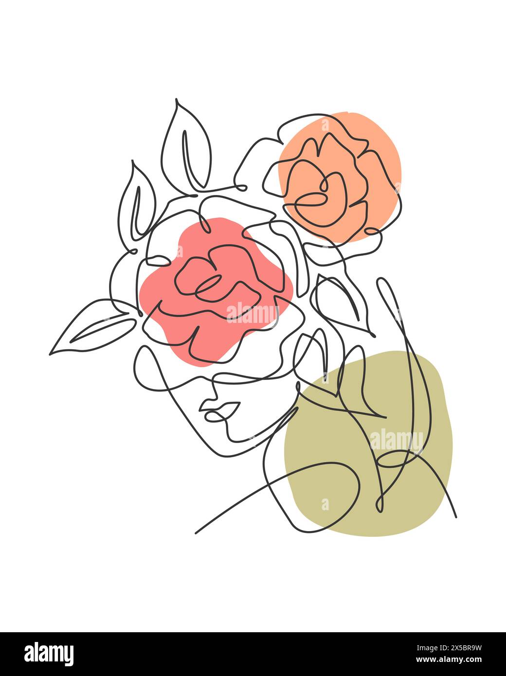 Einzelne kontinuierliche Linie Zeichnung hübsche Frau Gesicht mit Blumen. Natur Schönheit botanischen Druck Konzept für Wanddekor drucken. Minimalistisches Porträt. Trendy Stock Vektor