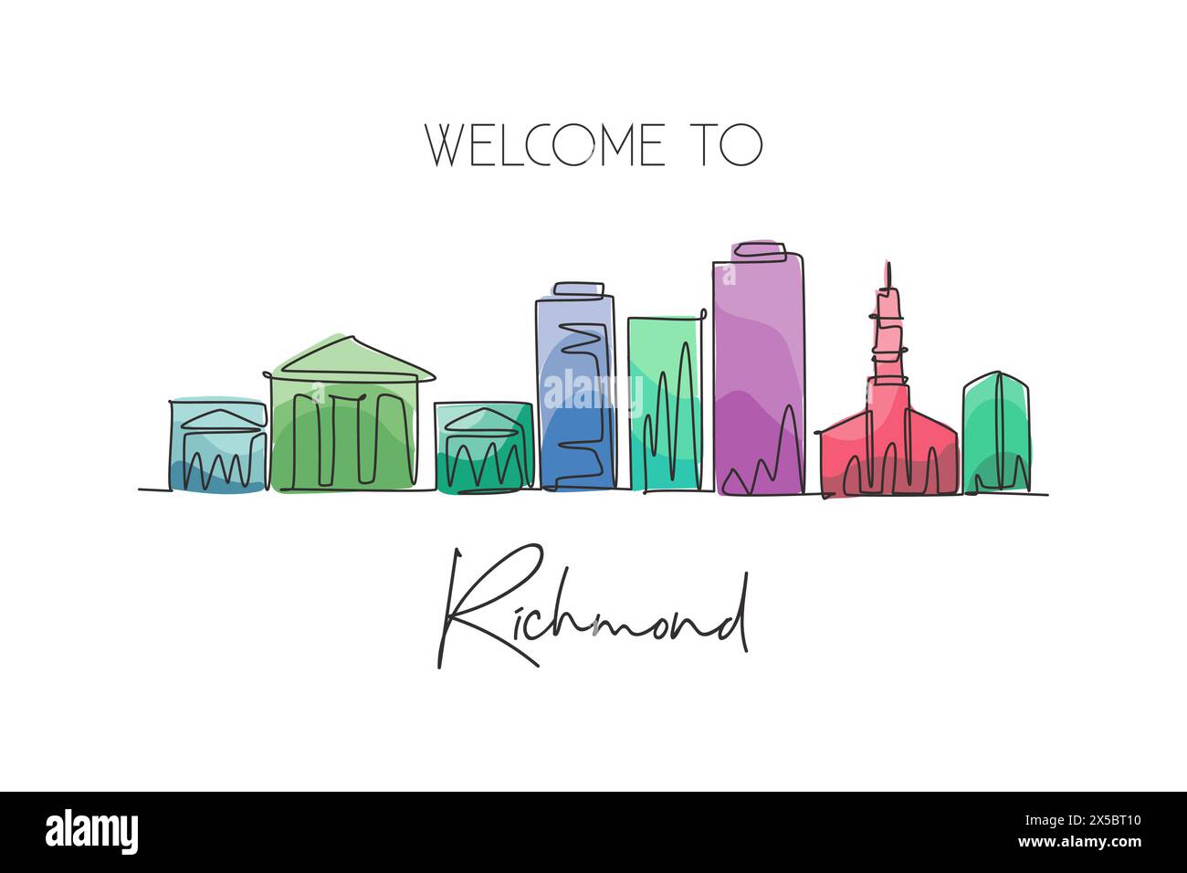 Eine einzeilige Zeichnung der Skyline von Richmond, Virginia. Historische Stadtlandschaft der Welt. Bestes Urlaubsziel. Editierbarer Strich trendy c Stock Vektor