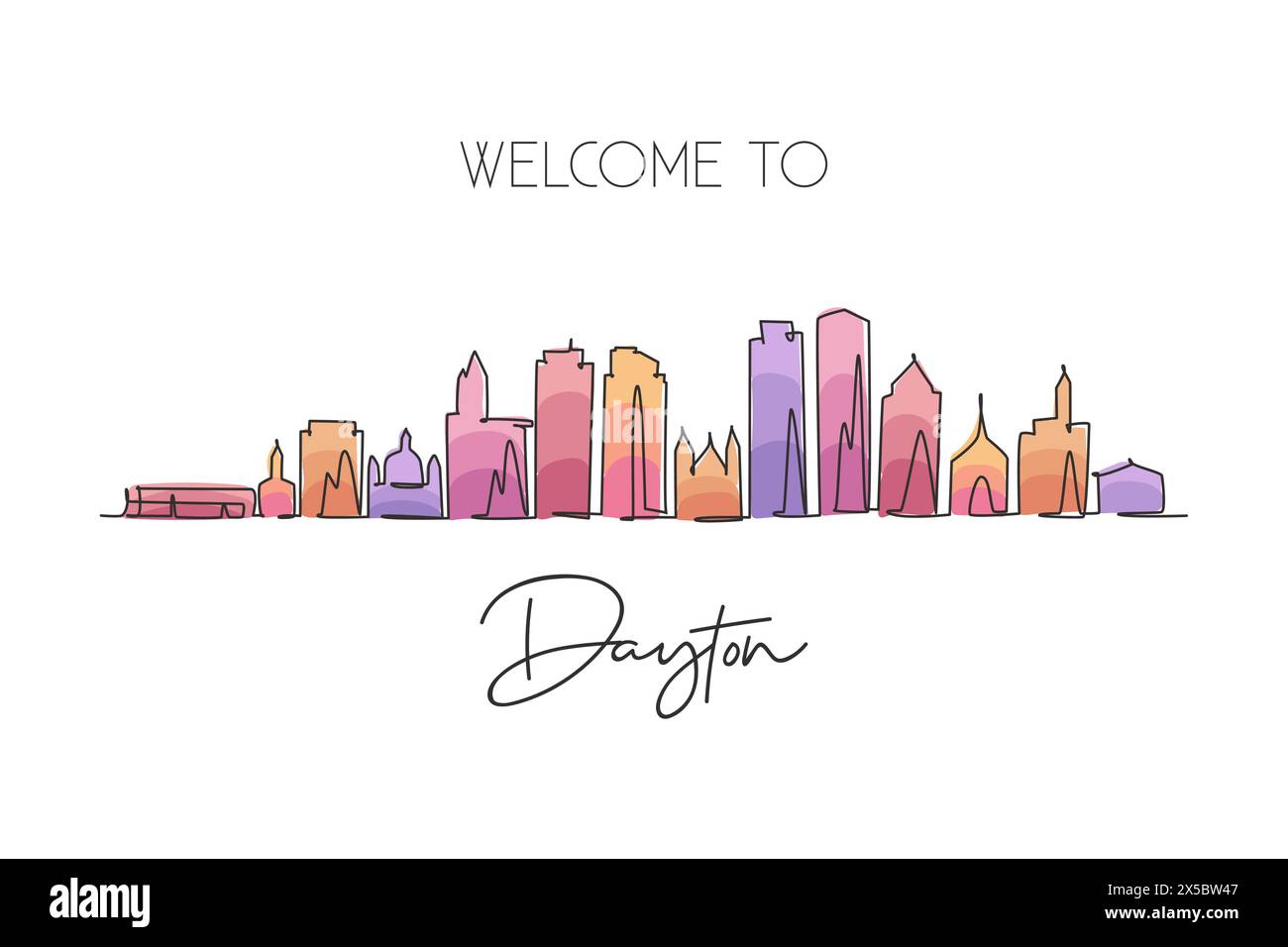 Eine durchgehende Linienzeichnung der Skyline von Dayton, Ohio. Wunderschönes Wahrzeichen. Welt Landschaft Tourismus Reise Heim Wanddekoration Poster Druck. Stilvolle Sünde Stock Vektor