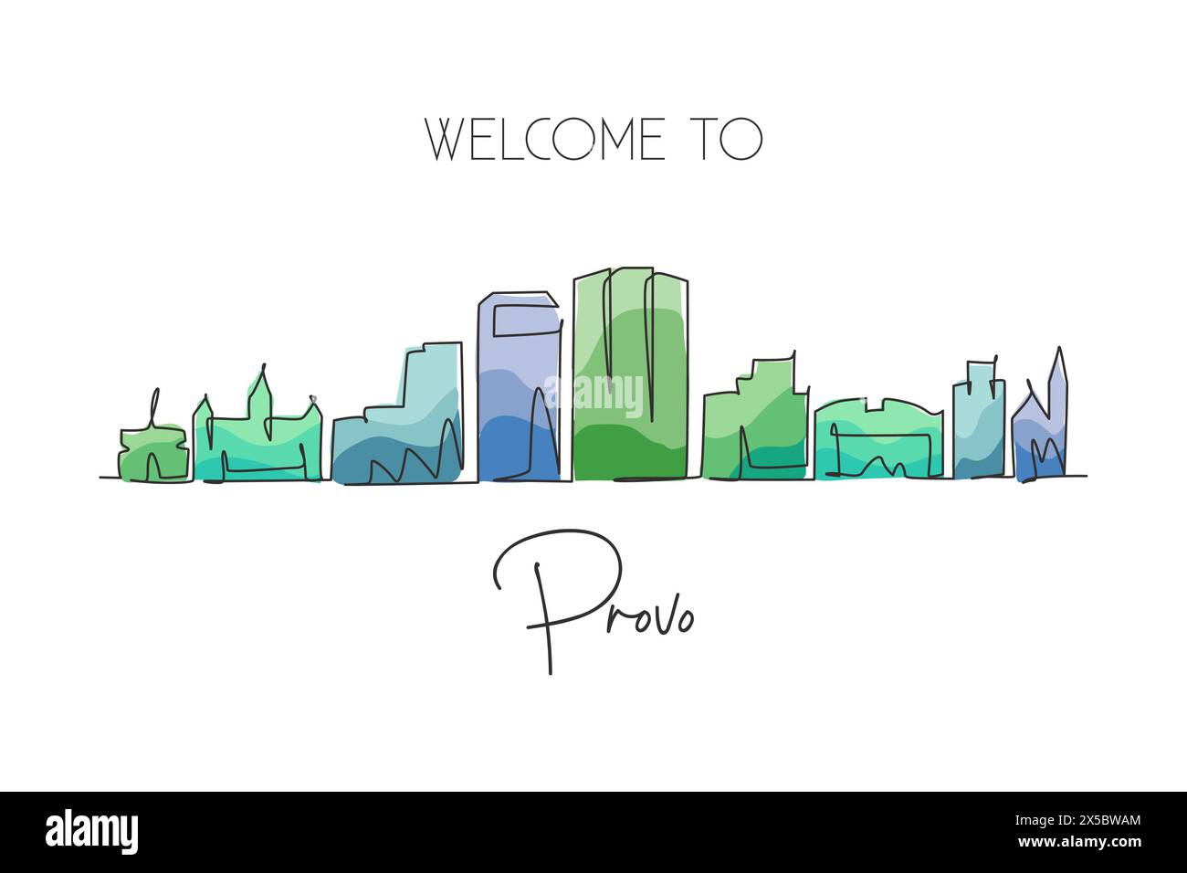 Eine durchgehende Linie zeichnet die Skyline von Provo City, Utah. Wunderschöne Wahrzeichen-Kunst. Welt Landschaft Tourismus Reise Heim Wanddekoration Poster Druck. Stilvolle Sünde Stock Vektor