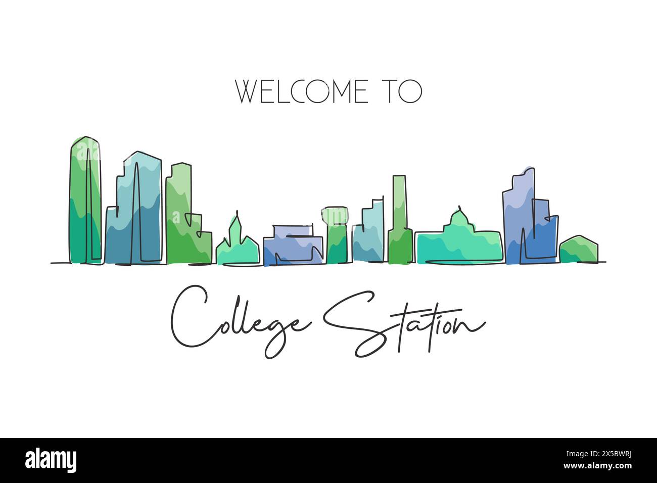 Eine durchgehende Linie zeichnet die Skyline von College Station, Texas. Wunderschönes Wahrzeichen. Welt Landschaft Tourismus Reise Heim Wanddekoration Poster Druck. Styl Stock Vektor