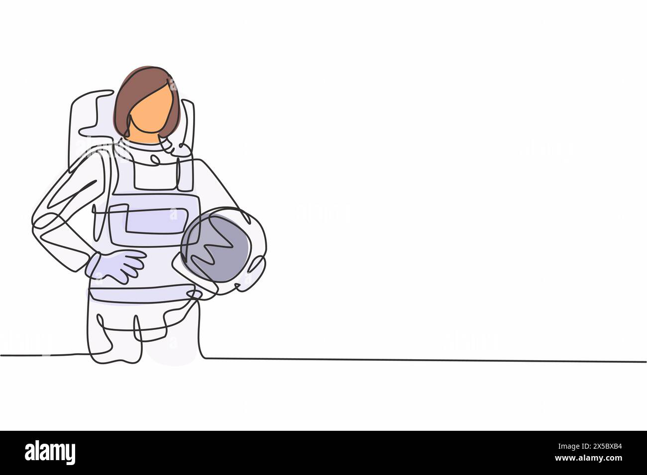 Einzelne durchgehende Linienzeichnung einer jungen schönen Astronautin, die Hände an der Hüfte hält. Beruflicher Berufsberuf. Minimalismus Konzept eine Linie Stock Vektor