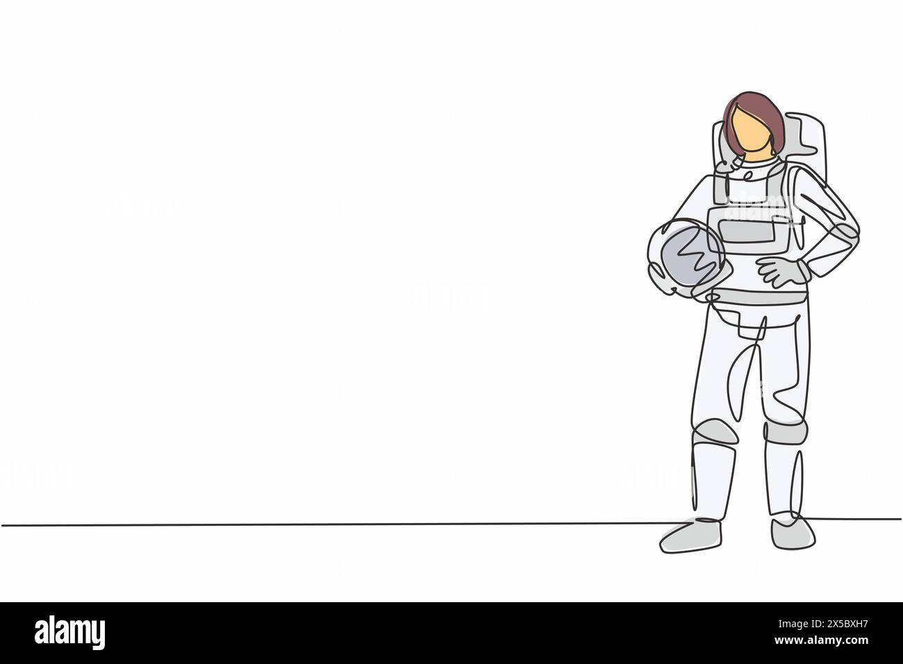 Einzelne durchgehende Linienzeichnung einer jungen Astronautin, die einen Helm mit Händen an der Hüfte hält. Beruflicher Berufsberuf. Minimalismus Konzept 1 li Stock Vektor