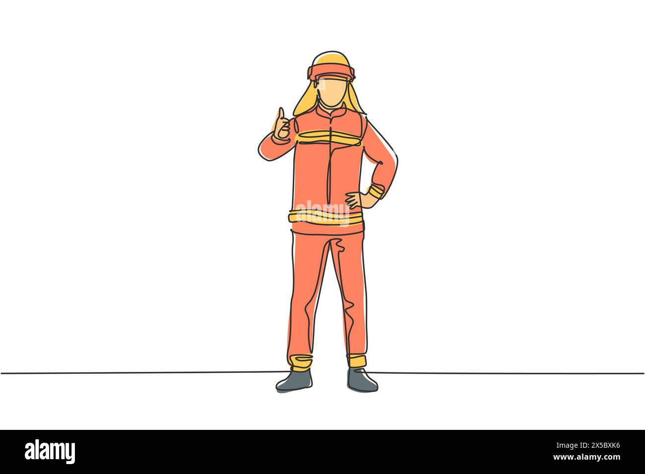 Eine einzige Zeichnung der Feuerwehrleute stand mit Helmen und Uniformen, die mit einer Geste nach oben versehen waren, um das Feuer zu löschen. Continuou Stock Vektor