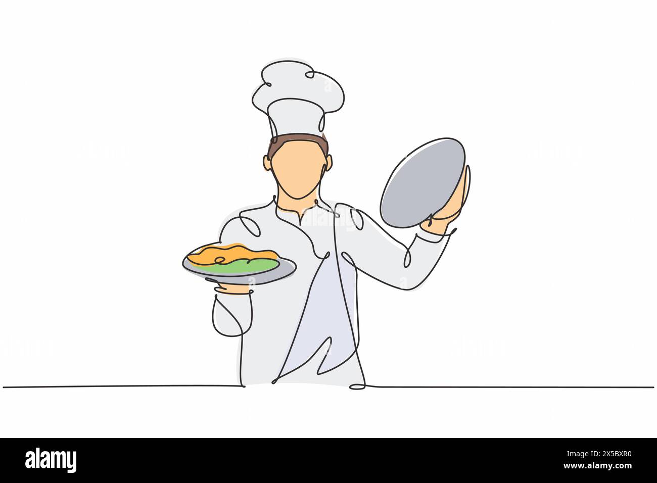 Eine durchgehende Linienzeichnung eines jungen, gutaussehenden Küchenchefs, der ein Cloche-Tablett öffnet, um dem Gast im Hotelrestaurant das Hauptgericht zu servieren. Ausgezeichneter Service Stock Vektor