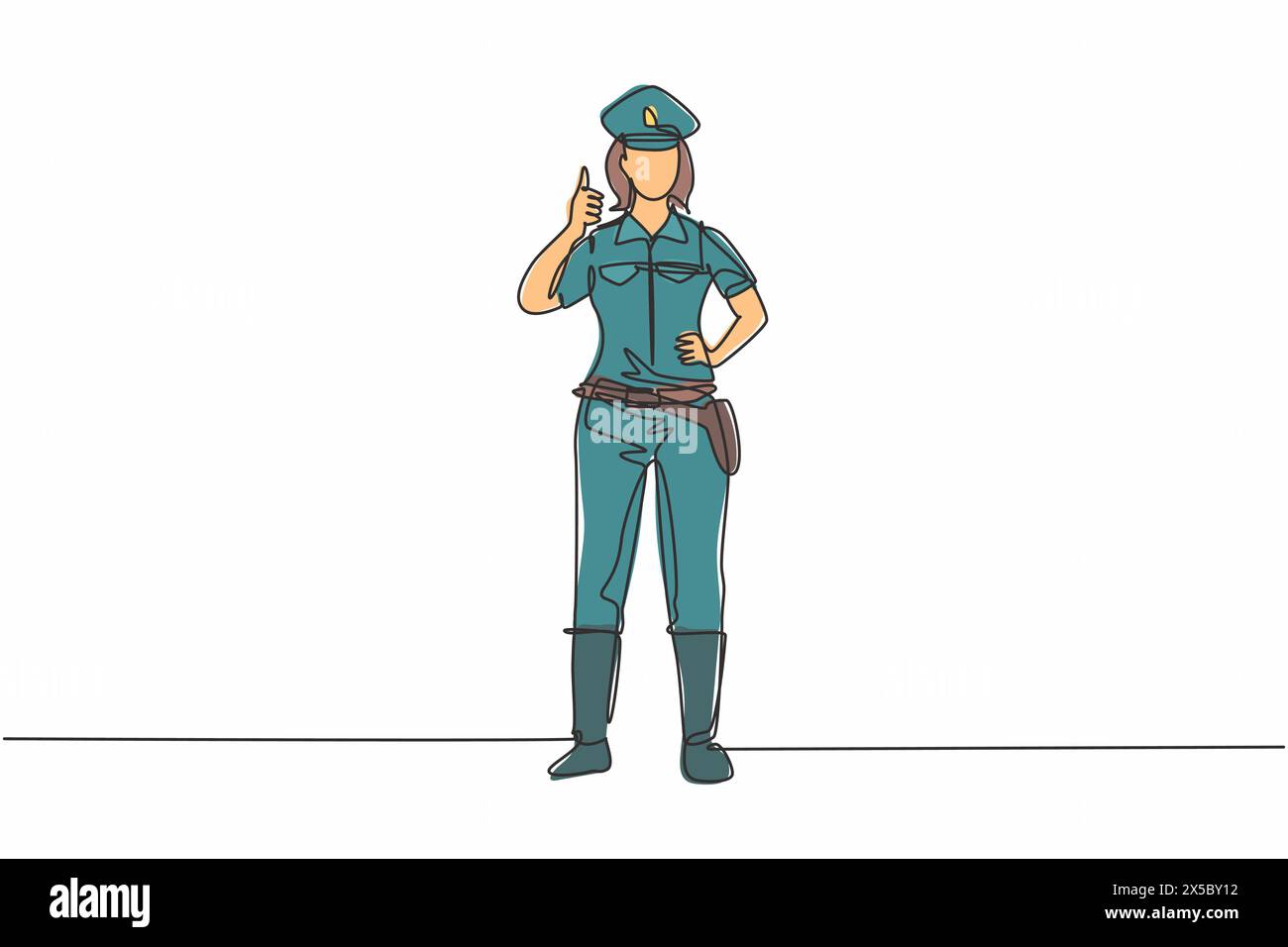 Durchgehende Linie, die die Polizistin mit Daumen-nach-oben-Geste und in voller Uniform zeichnet, arbeitet, um den Fahrzeugverkehr auf der Autobahn zu kontrollieren. Sünde Stock Vektor