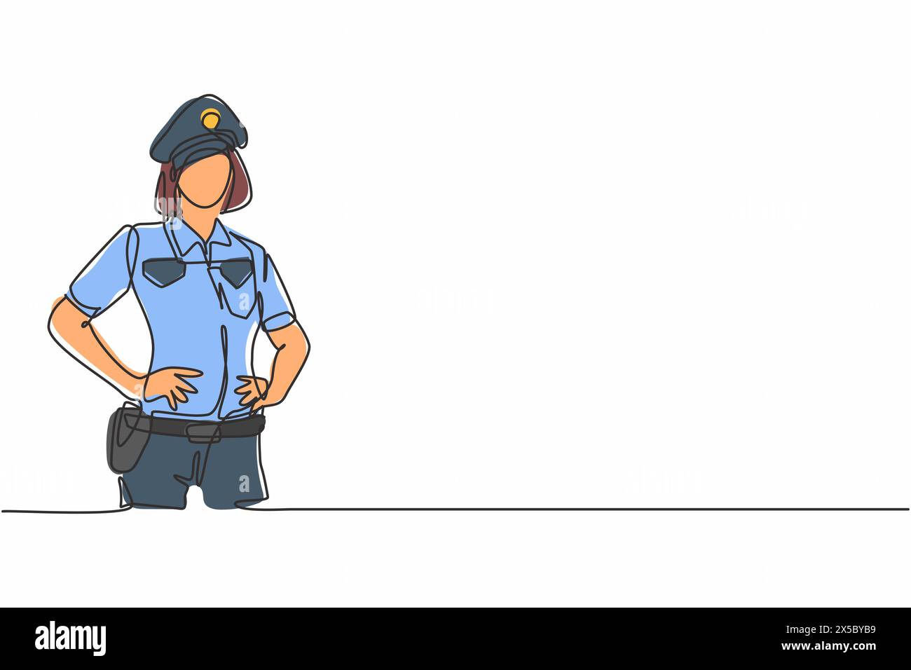 Einzelne durchgehende Linienzeichnung einer jungen, schönen Polizistin auf Uniform, die Hände an der Hüfte hält. Beruflicher Berufsberuf. Minimalismus Konzept o Stock Vektor