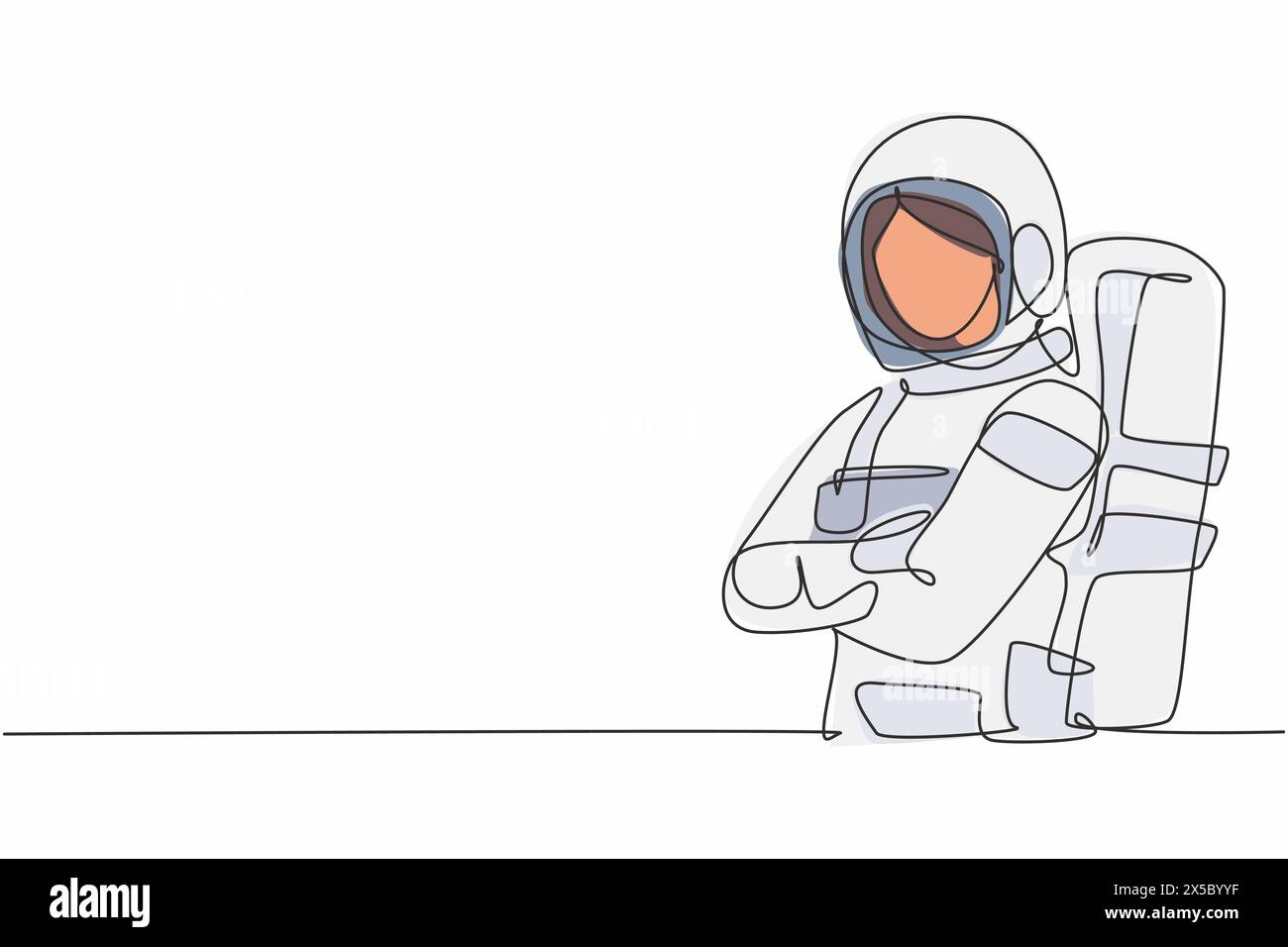 Durchgehende einzeilige Zeichnung einer jungen Astronautin im Raumfahrtanzug, die die Arme auf der Brust posiert. Professionelles Berufsbild minimalistisches Konzept. Einzel l Stock Vektor